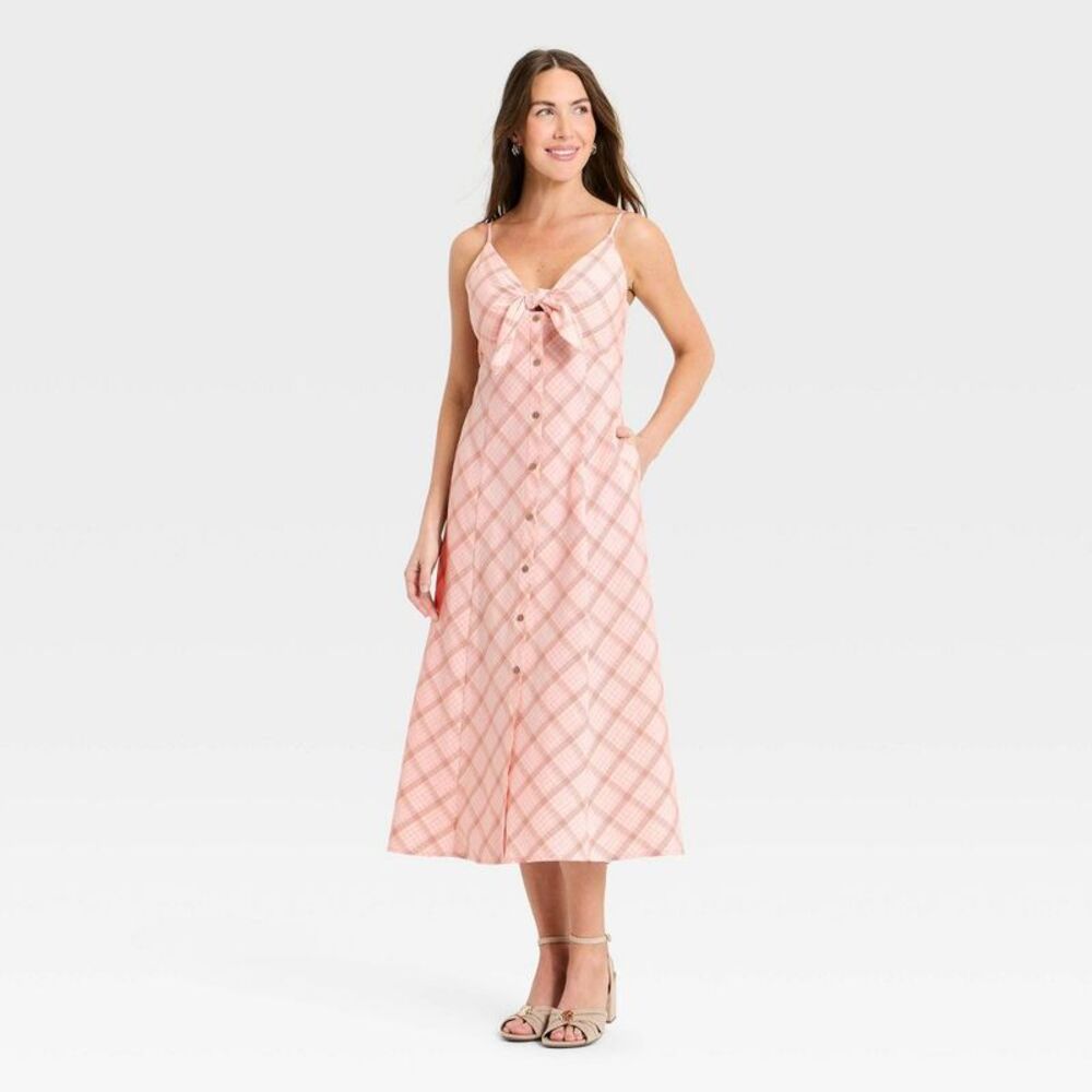 Women's Sleeveless Bow-Front Midi A-Line Dress - A New Day Pink Plaid M